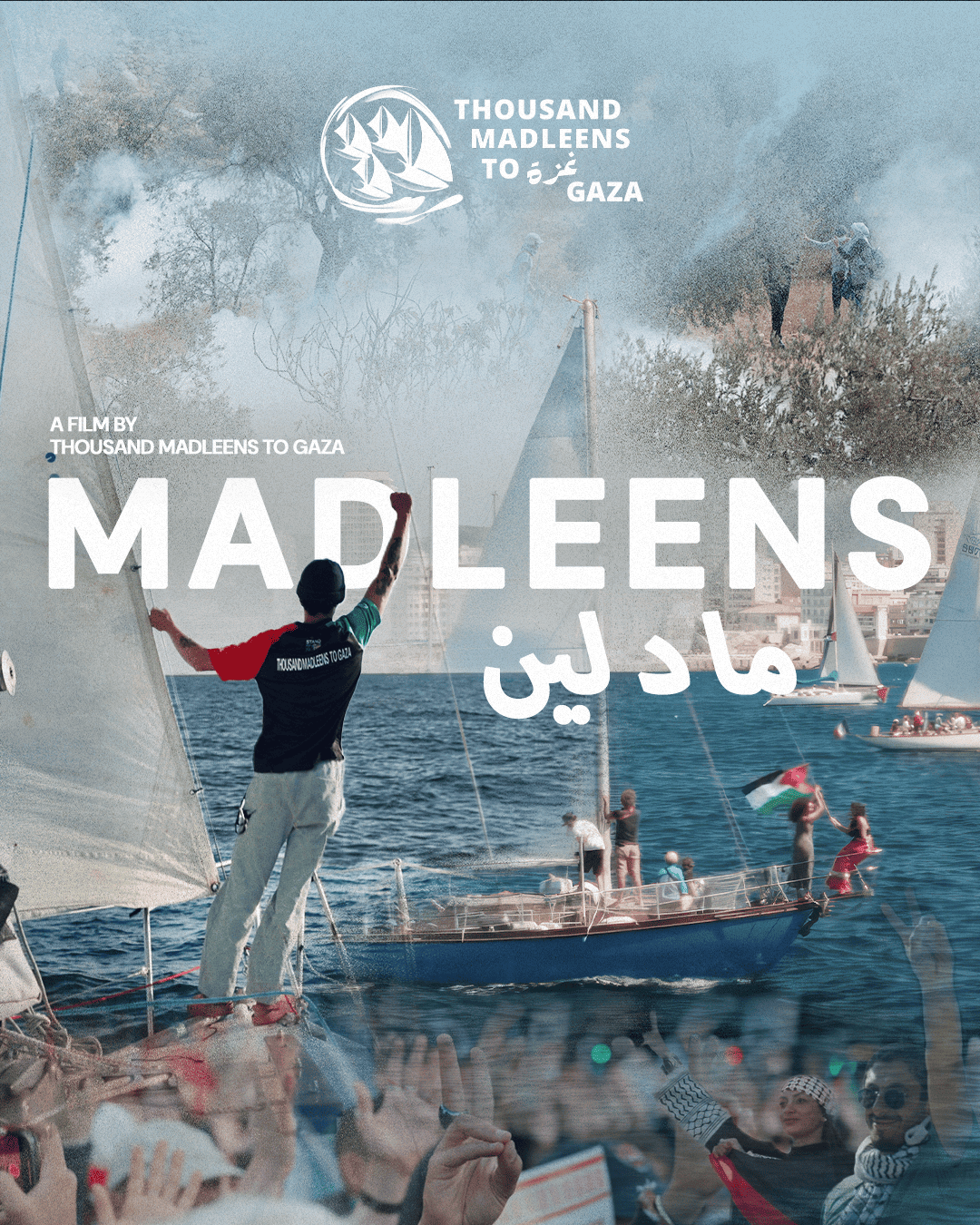Poster del film "MADLEENS" che mostra un uomo su una barca, realizzato dal collettivo Thousand Madleens To Gaza.