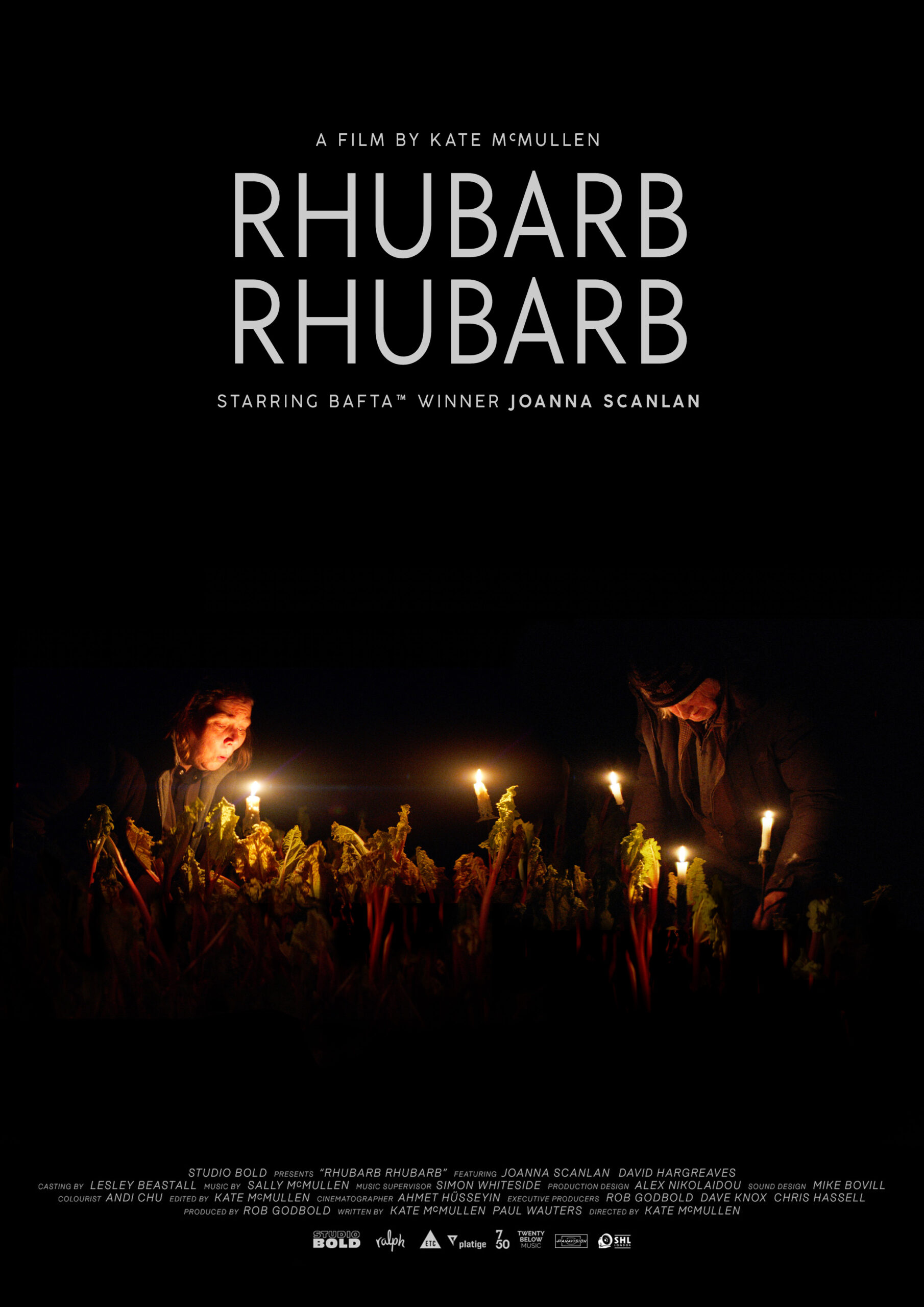 Locandina del film "Rhubarb Rhubarb" di Kate McMullen, con elementi visivi che richiamano il tema del film.