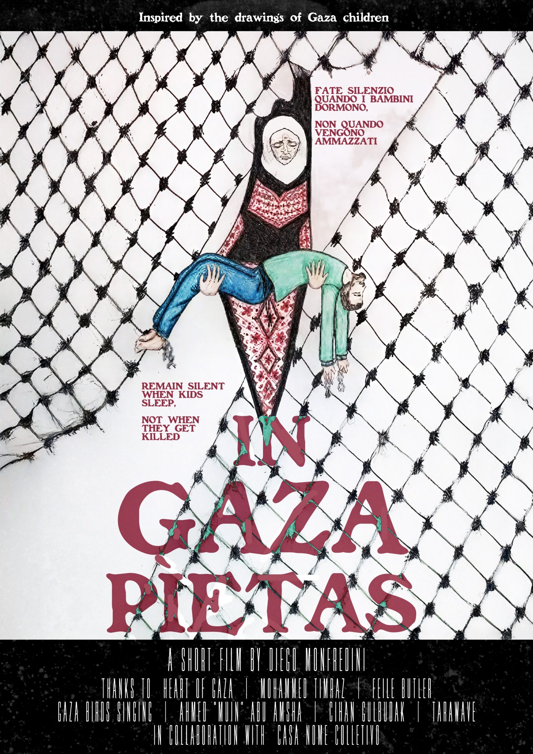 Locandina del film "In Gaza Pietas" di Diego Monfredini, con immagini evocative e titolo in evidenza.